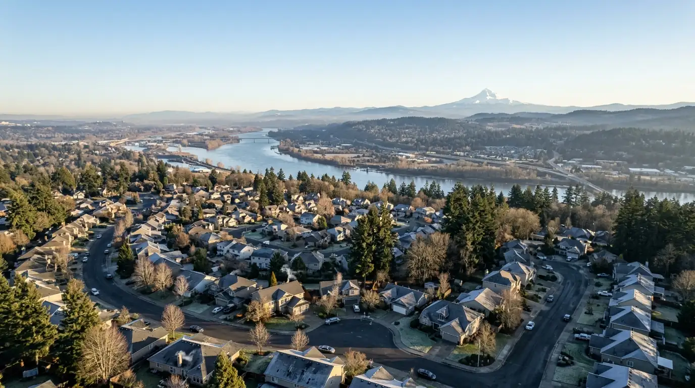Aerial view of neighborhood roofs near the Columbia River