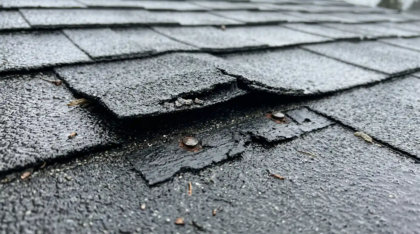 Creased shingle tab lifted by wind showing nail heads and broken seal strip