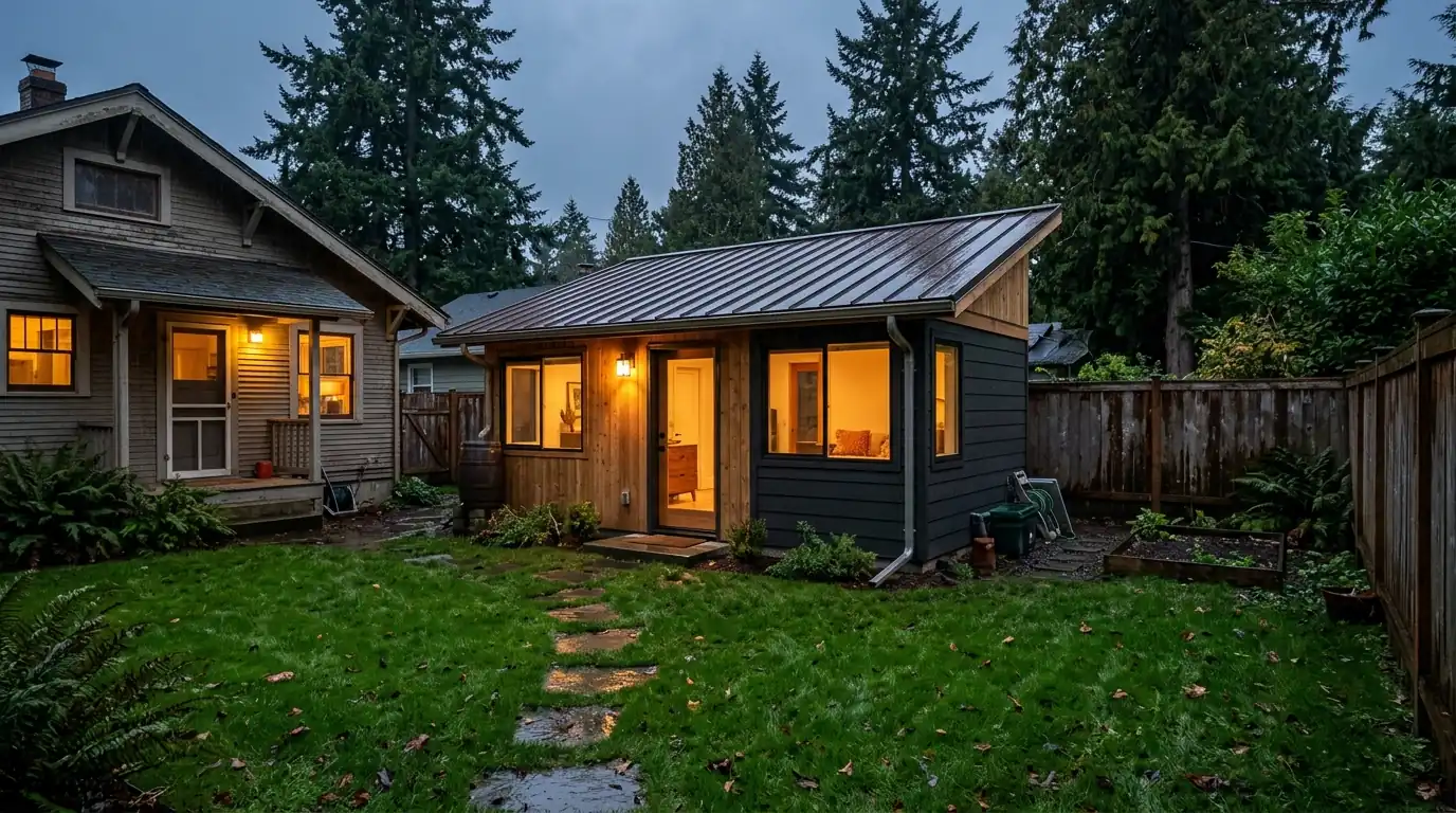 Backyard cottage with a bronze standing seam shed roof behind an older bungalow
