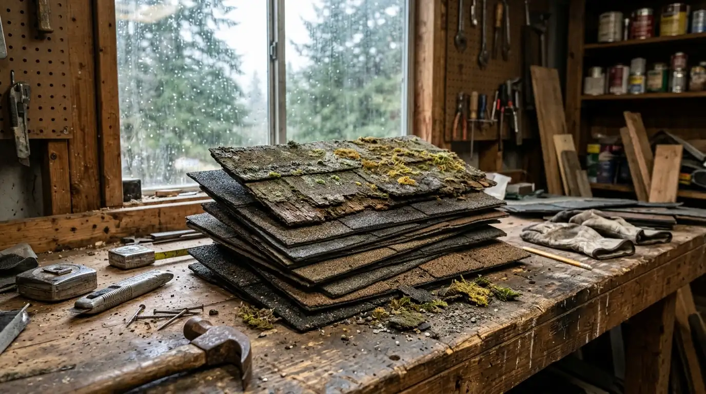 Shingle samples next to an old moss-covered shingle on a workbench