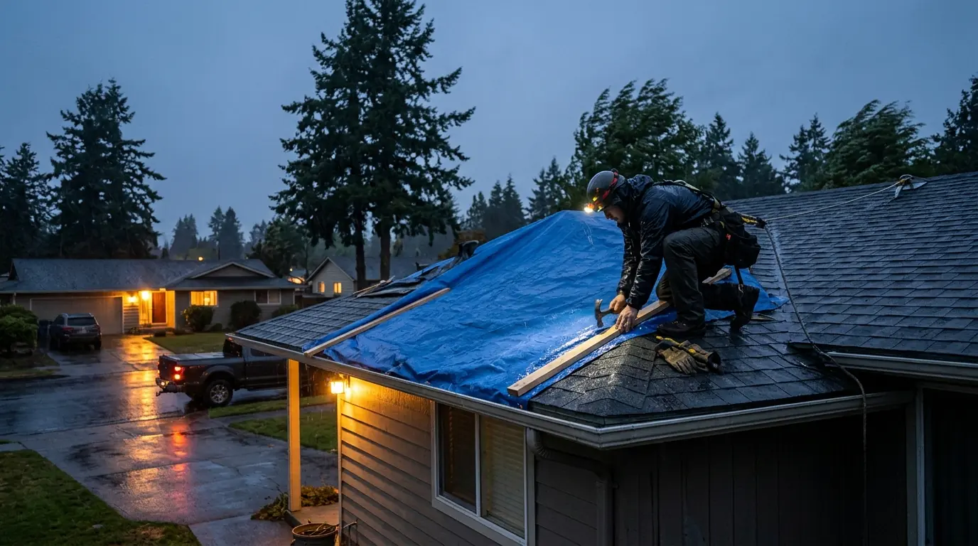 Roofer securing a tarp over a storm-damaged roof at dusk in light rain