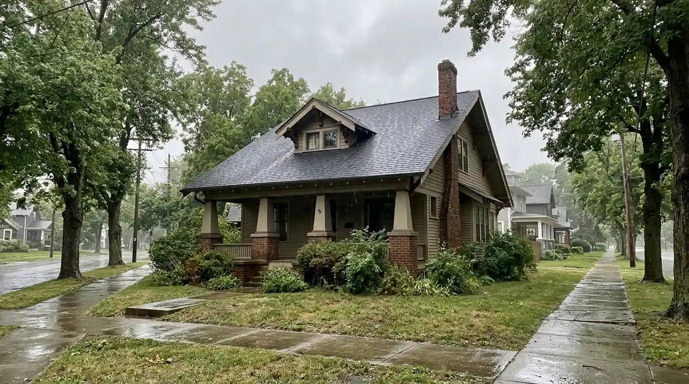 1920s craftsman house with a new shingle roof and brick chimney