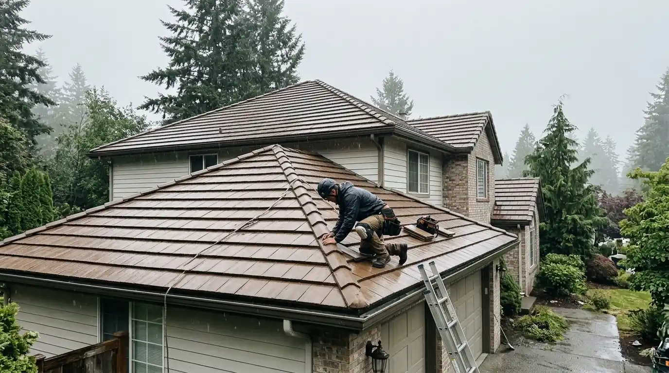 Roofer kneeling on a brown concrete tile roof in light rain
