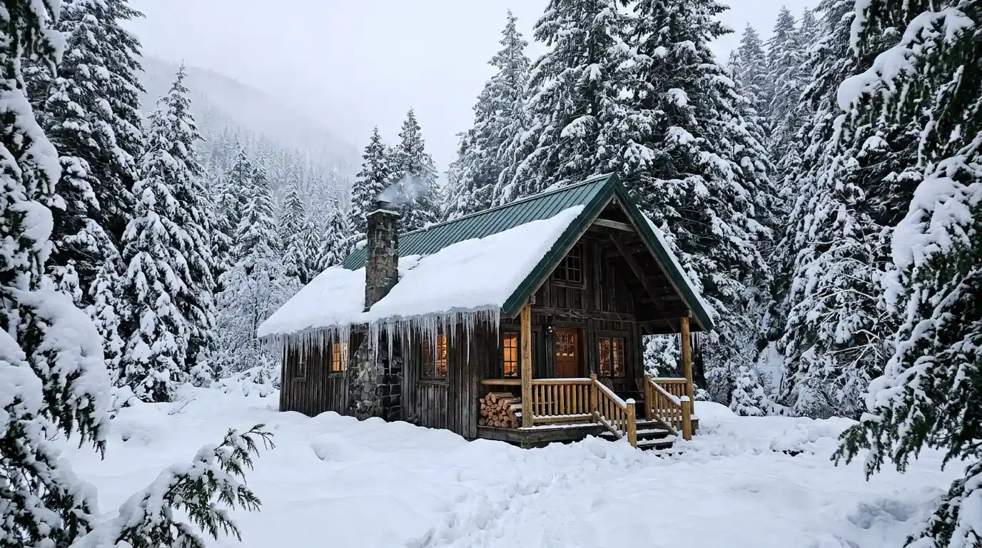 Snow-covered cabin roof with icicles in a forested Gorge valley