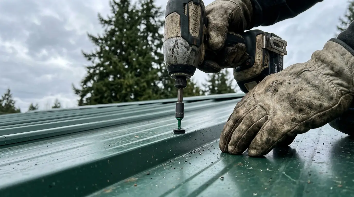 Roofer replacing a screw on a green ribbed metal shop roof