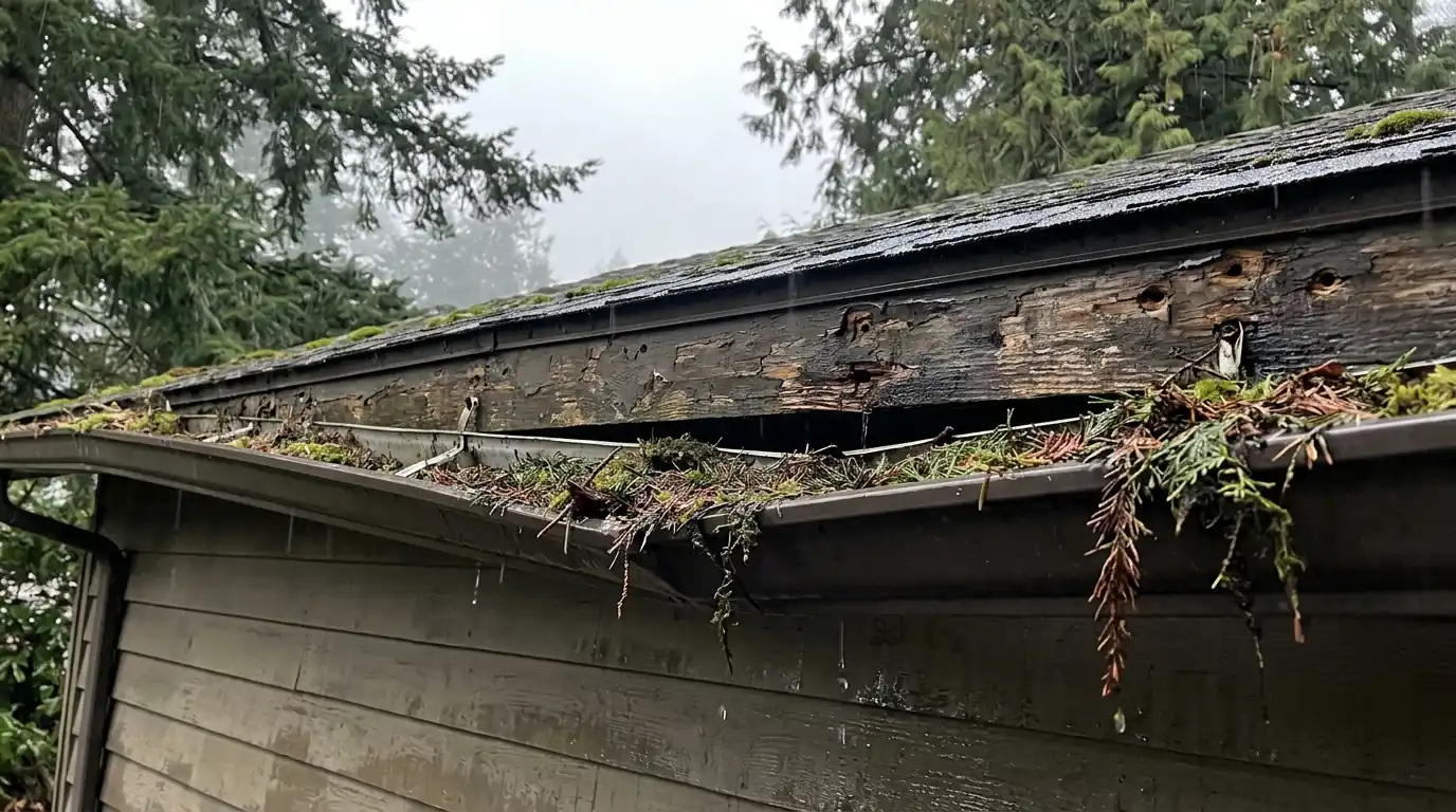 Sagging brown gutter pulling away from a weathered fascia board