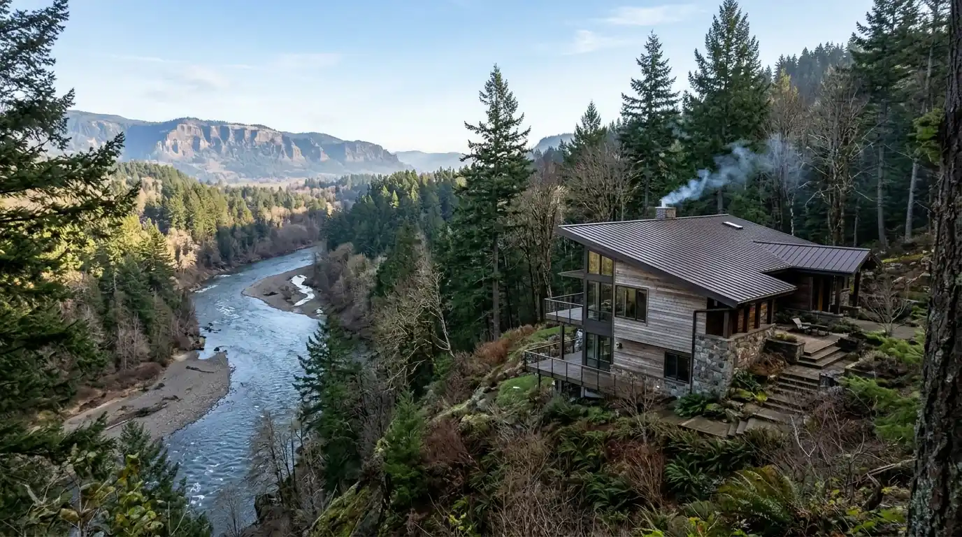 Troutdale hillside home with a bronze standing seam metal roof near the Gorge
