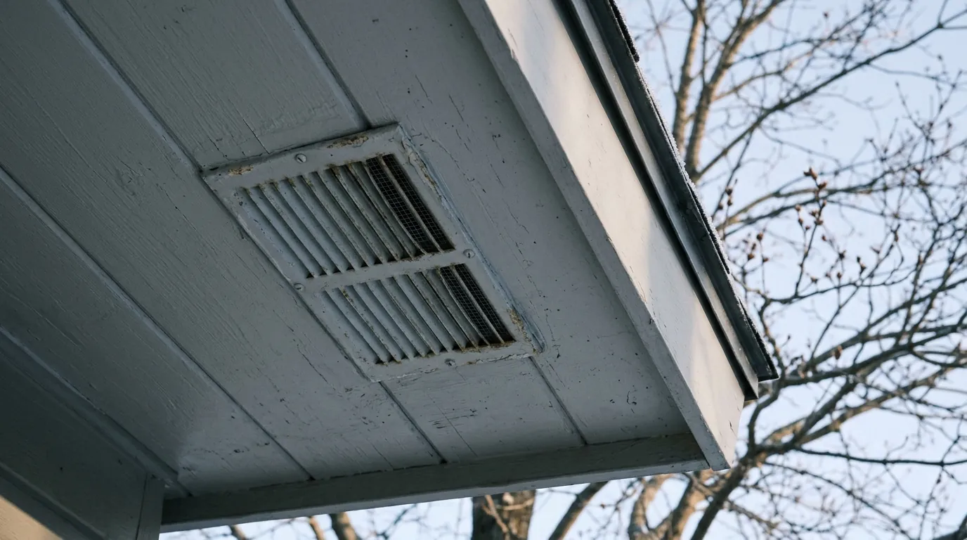 Soffit vent under the eave of a mid-century ranch house