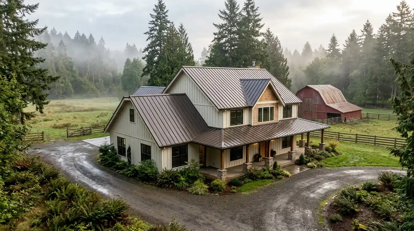 Dark bronze standing seam metal roof on a farmhouse with firs and a barn