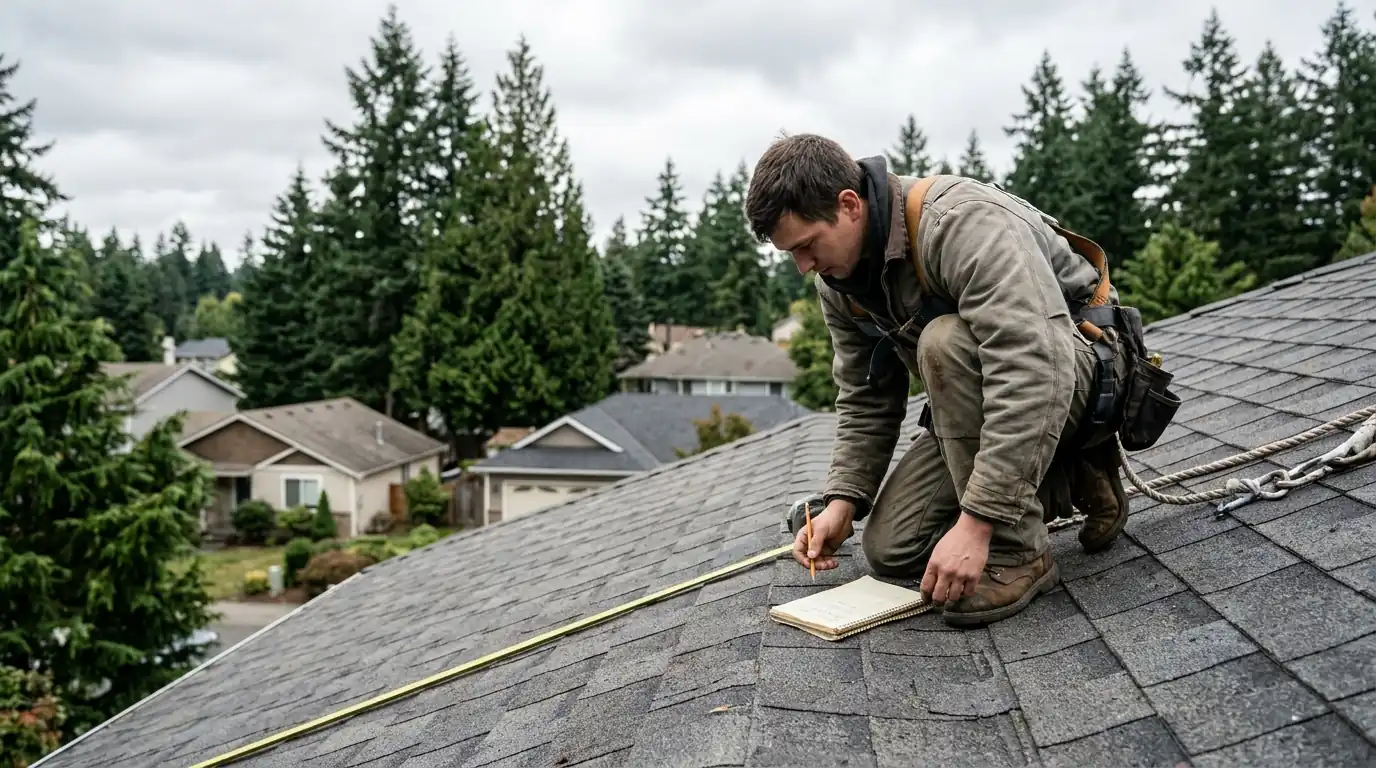 Roofer measuring a shingle roof slope with a tape measure