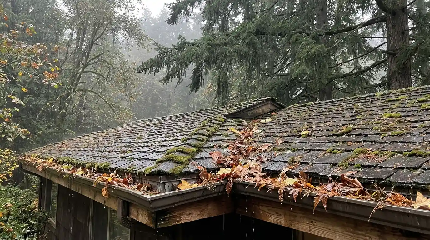 Moss-covered ranch roof and leaf-filled gutters under tall trees