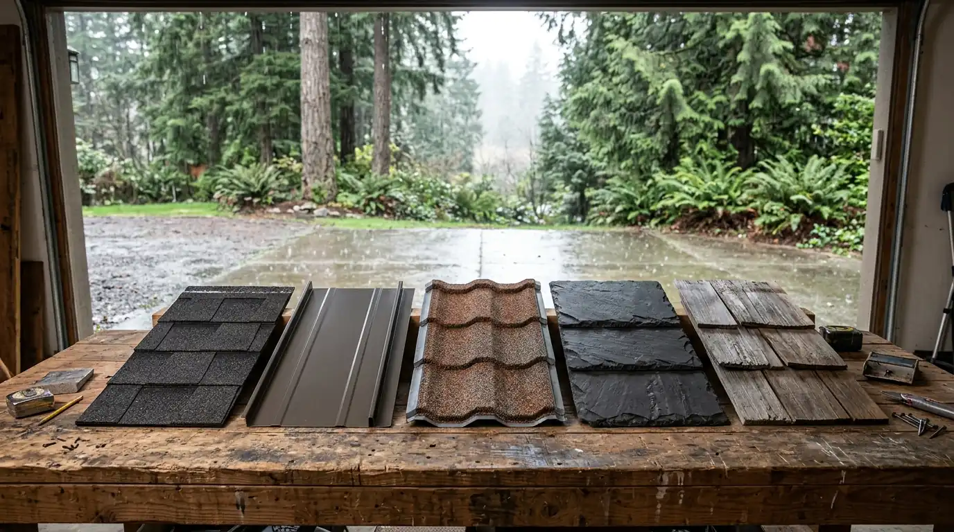 Roofing material samples laid side by side on a workbench in a garage