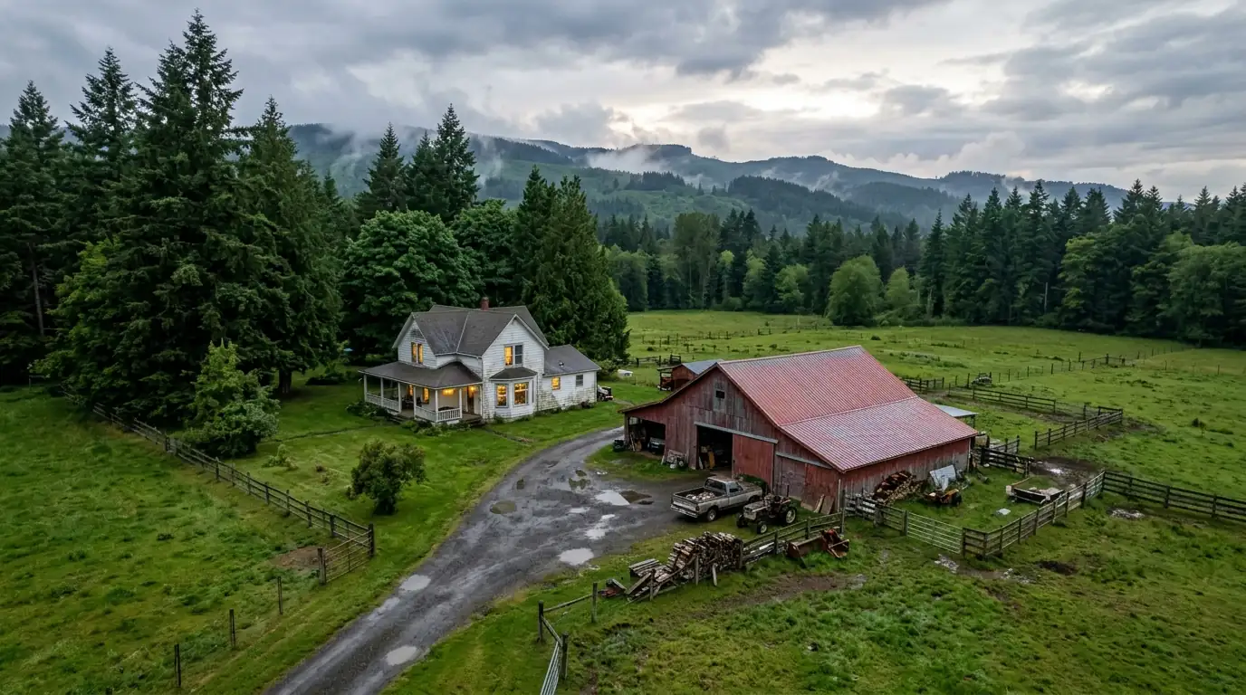 Rural farmhouse and metal-roofed barn in Clark County, Washington
