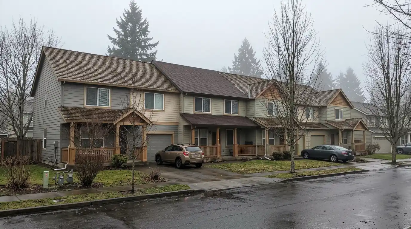 Fairview townhome row with one unit's roof section newly replaced