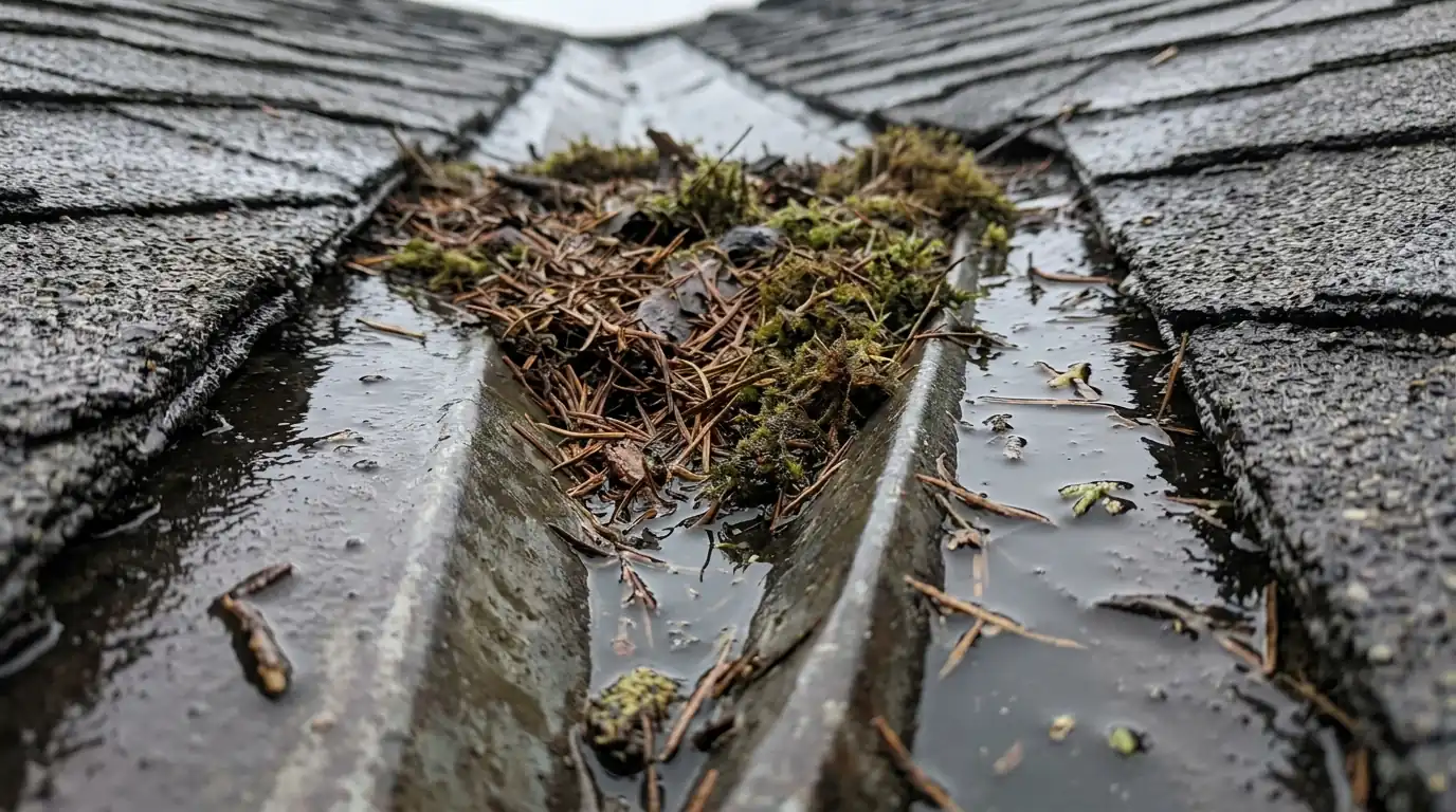 Roof valley packed with fir needles and moss with rainwater pooling