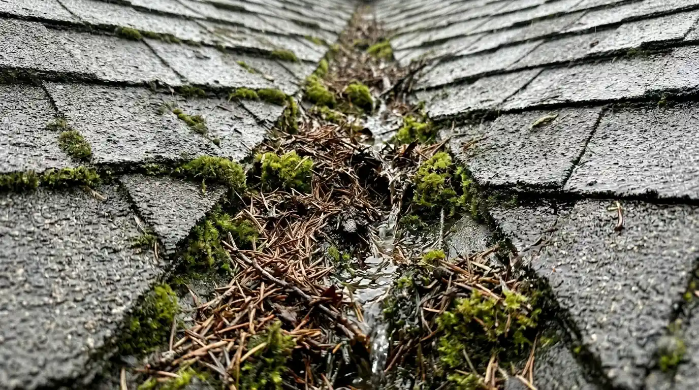 Roof valley clogged with fir needles and moss during light rain
