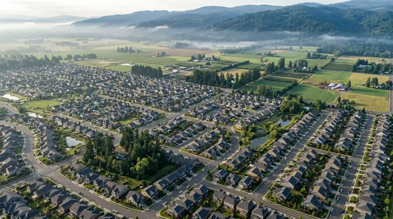 Washington County subdivision rooftops with farmland and foothills in the distance