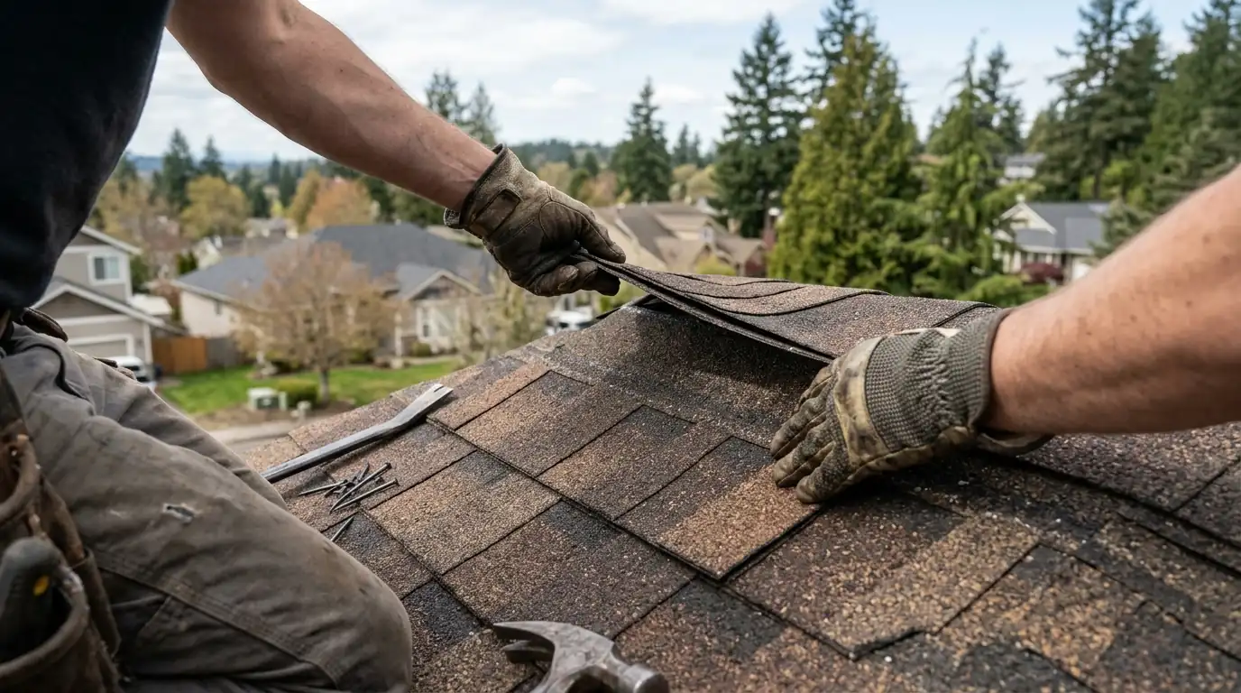 Roofer sliding a new architectural shingle under a lifted course