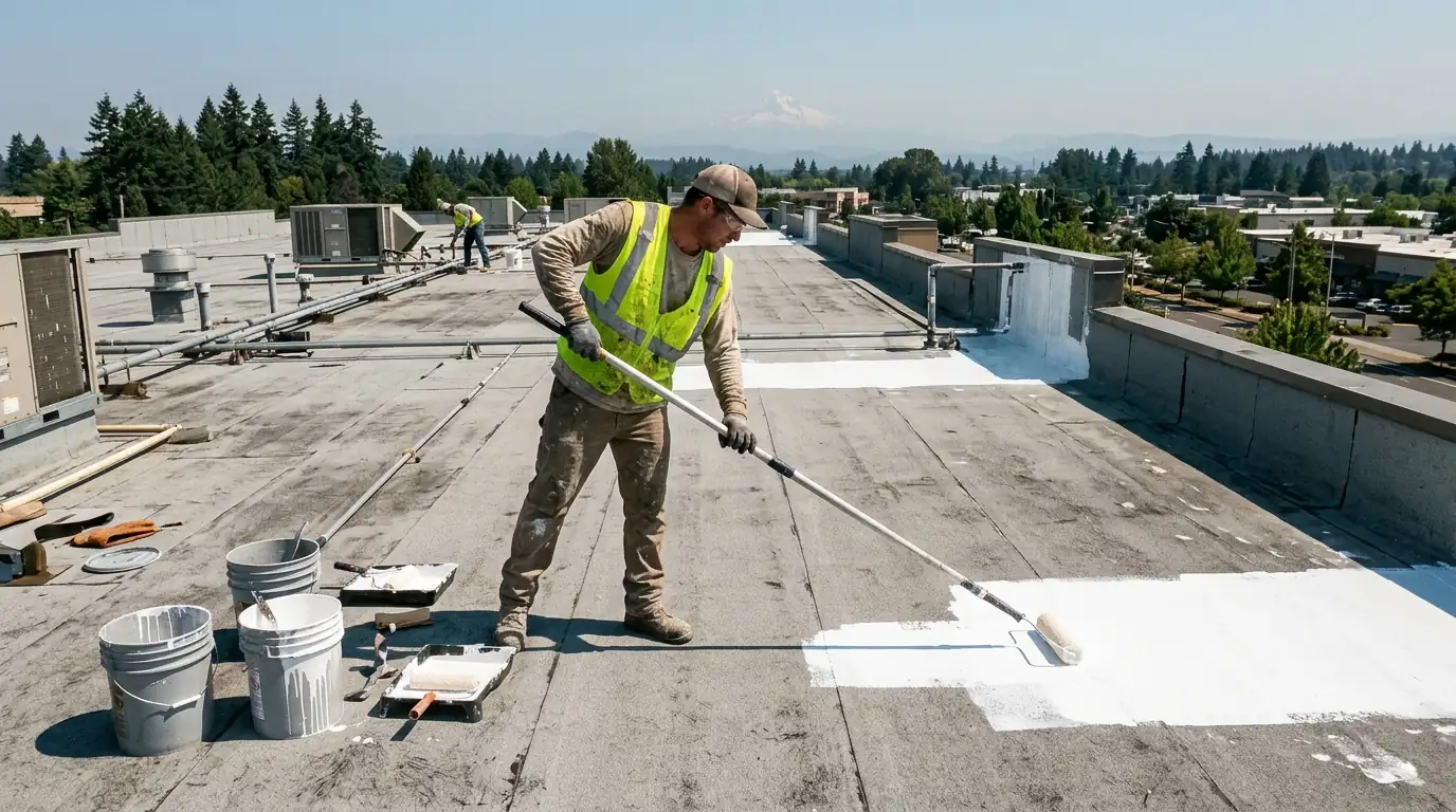 Bright white silicone coating being rolled onto a low-slope commercial roof