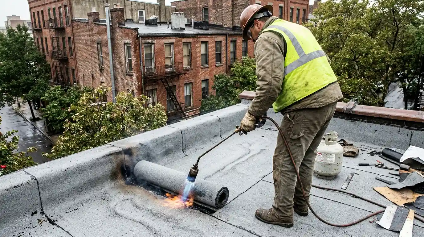 Roofer applying torch-down cap sheet on a small flat roof