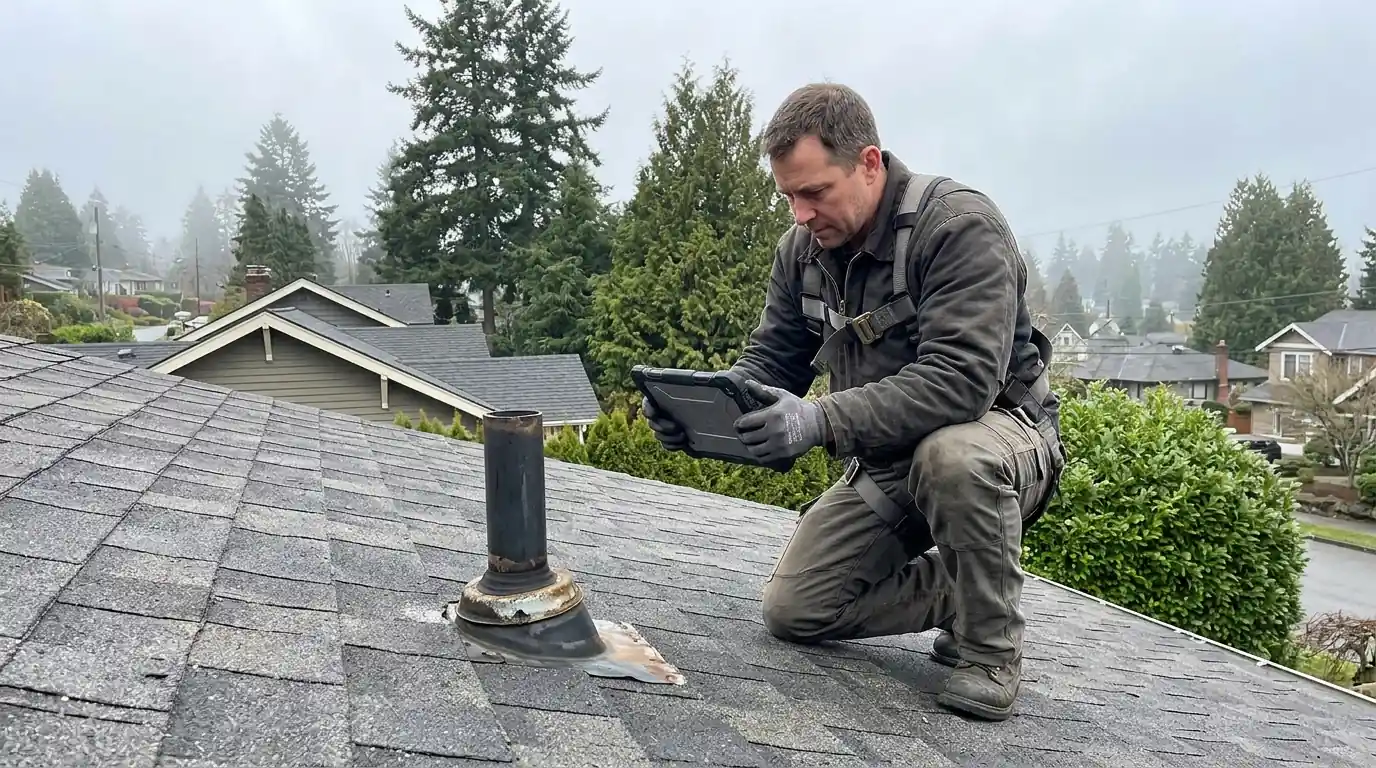 Roofer photographing a pipe boot during a roof inspection