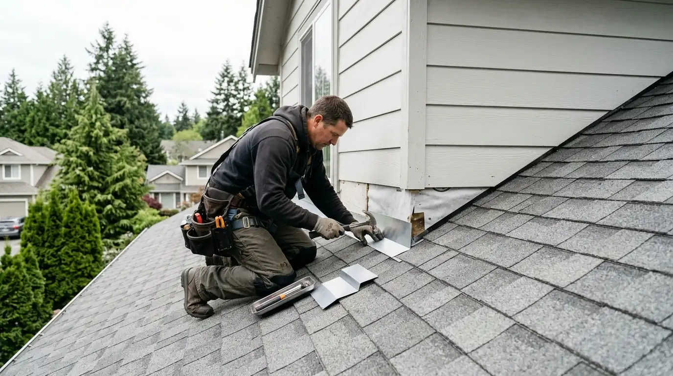 Roofer installing new step flashing along a dormer wall with siding pulled back