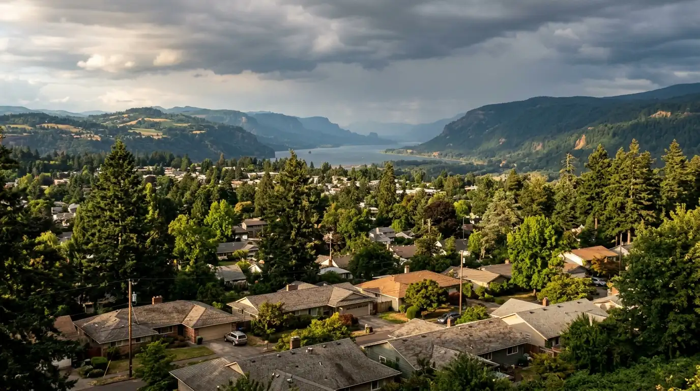 East Multnomah County suburban rooftops with the Columbia River Gorge beyond