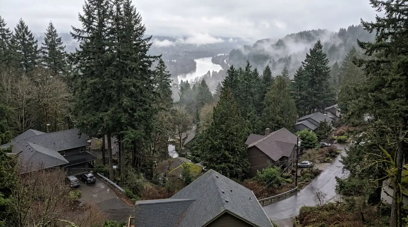 Clackamas County hillside homes with steep roofs among tall Douglas firs