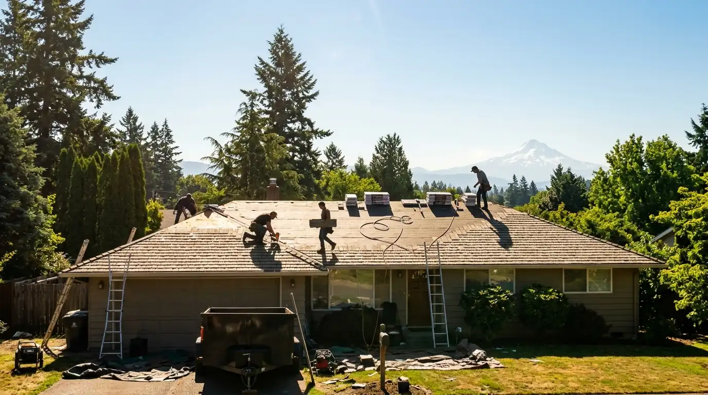 Crew laying new shingles on a ranch house on a sunny summer afternoon