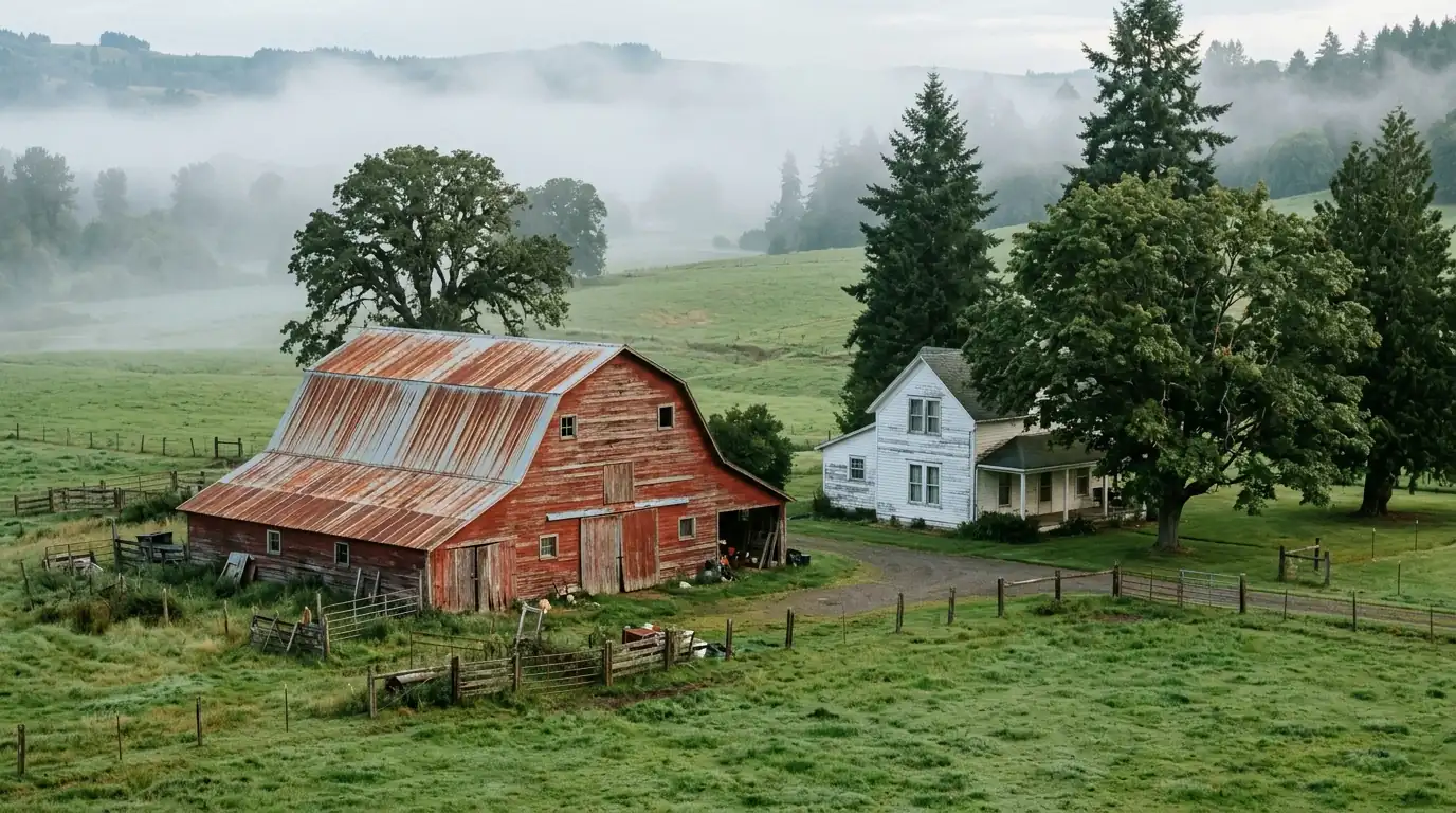 Red pole barn with a rusty metal roof next to a rural farmhouse