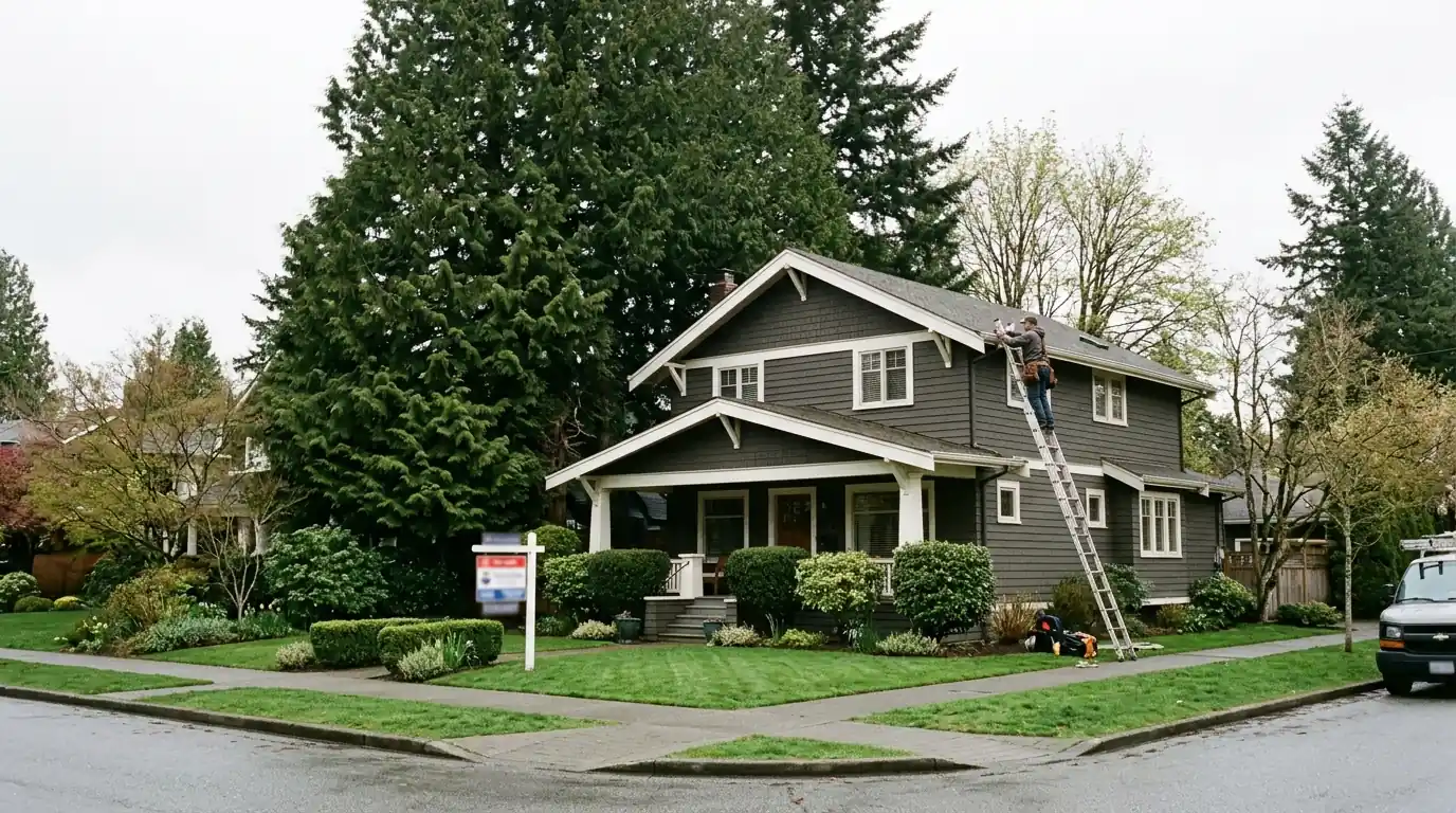 Roofer checking the roof of a home listed for sale