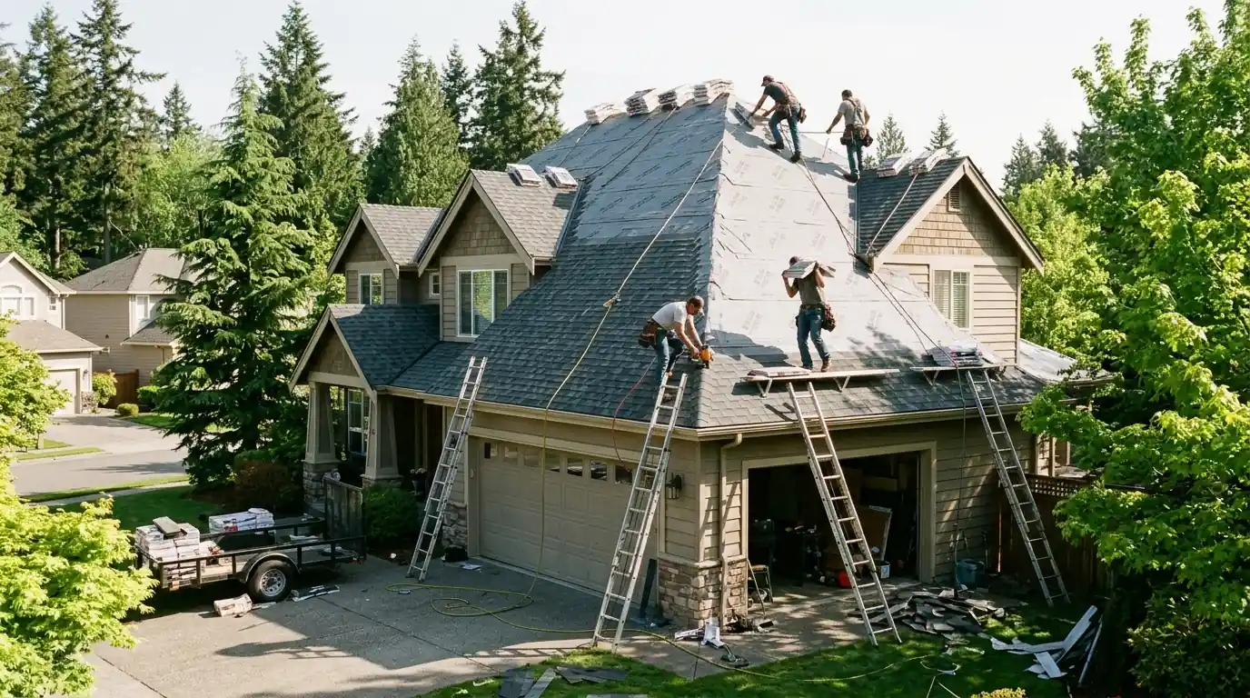 Crew installing new architectural shingles on a two-story home mid-replacement