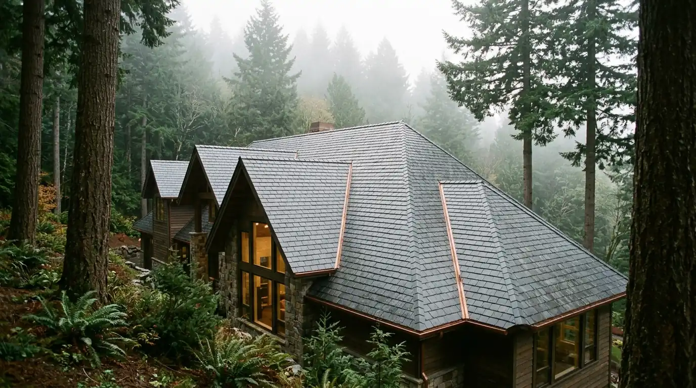 Custom home with a dark gray synthetic slate roof and copper valleys