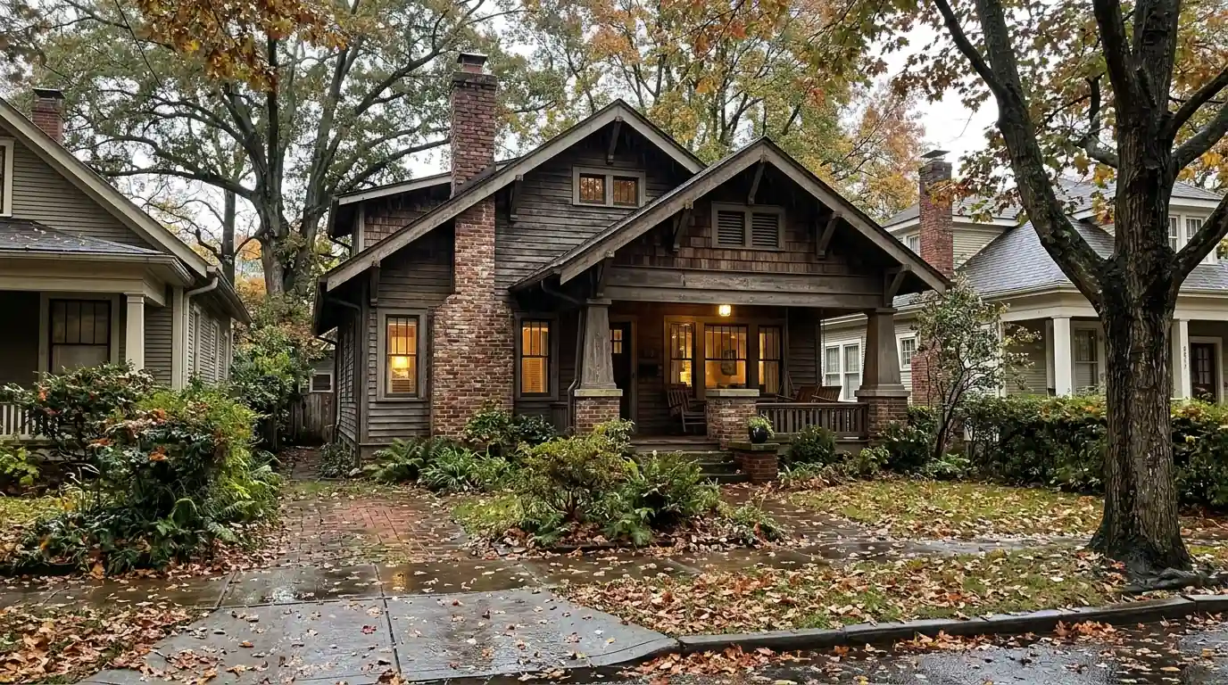 Steep-roofed Craftsman bungalow with a brick chimney on a narrow lot