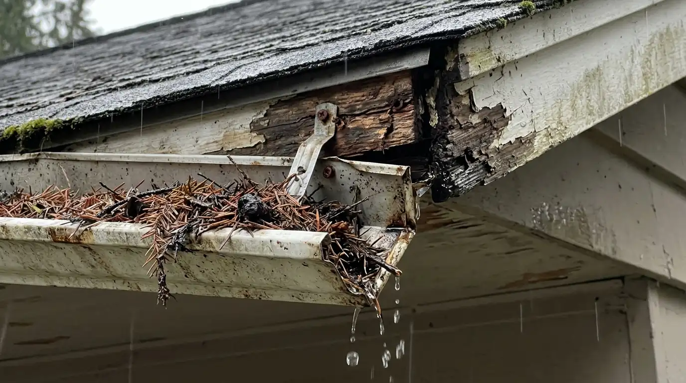 Sagging old gutter pulling away from rotted fascia with a leaking seam