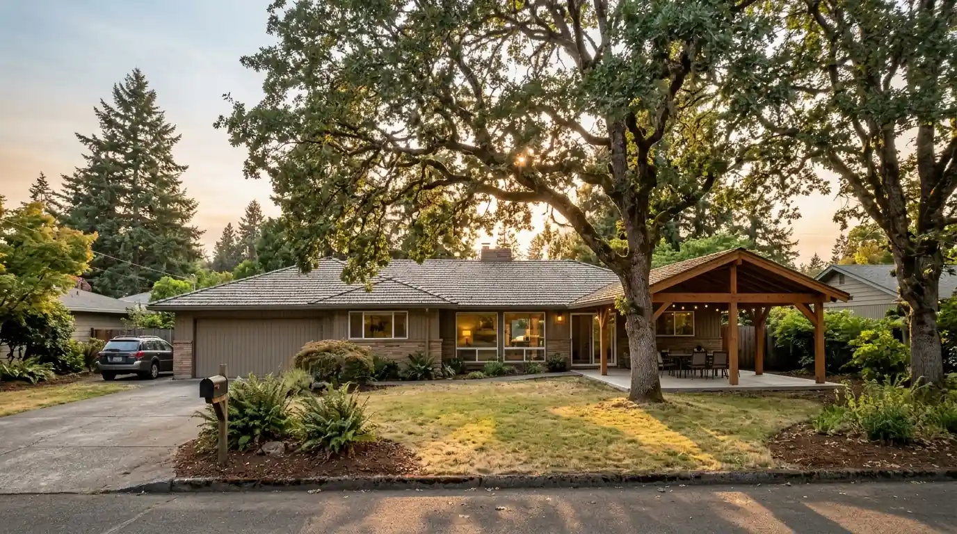 Salem ranch home with a new composite roof and rebuilt patio cover
