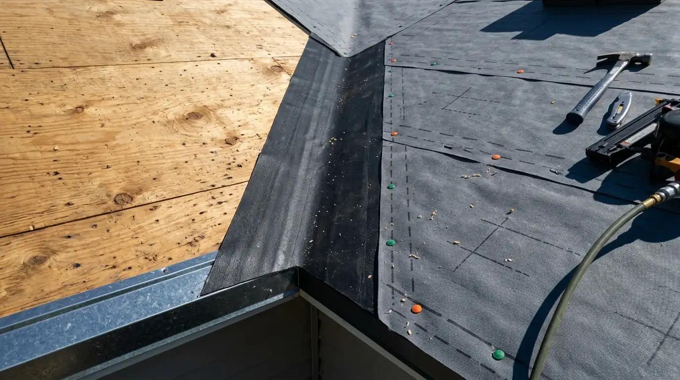 New underlayment, valley membrane and drip edge on fresh roof decking