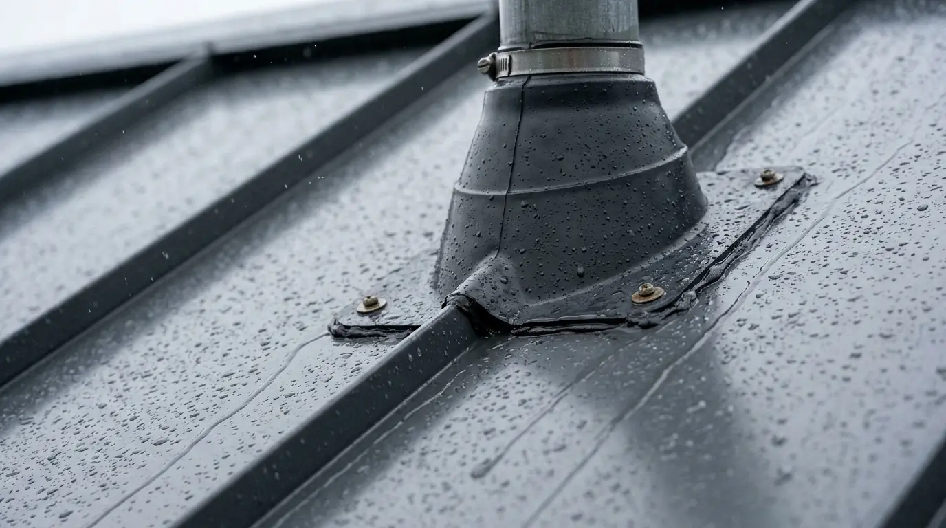 Standing seam roof panel joint with a fitted metal pipe flashing boot