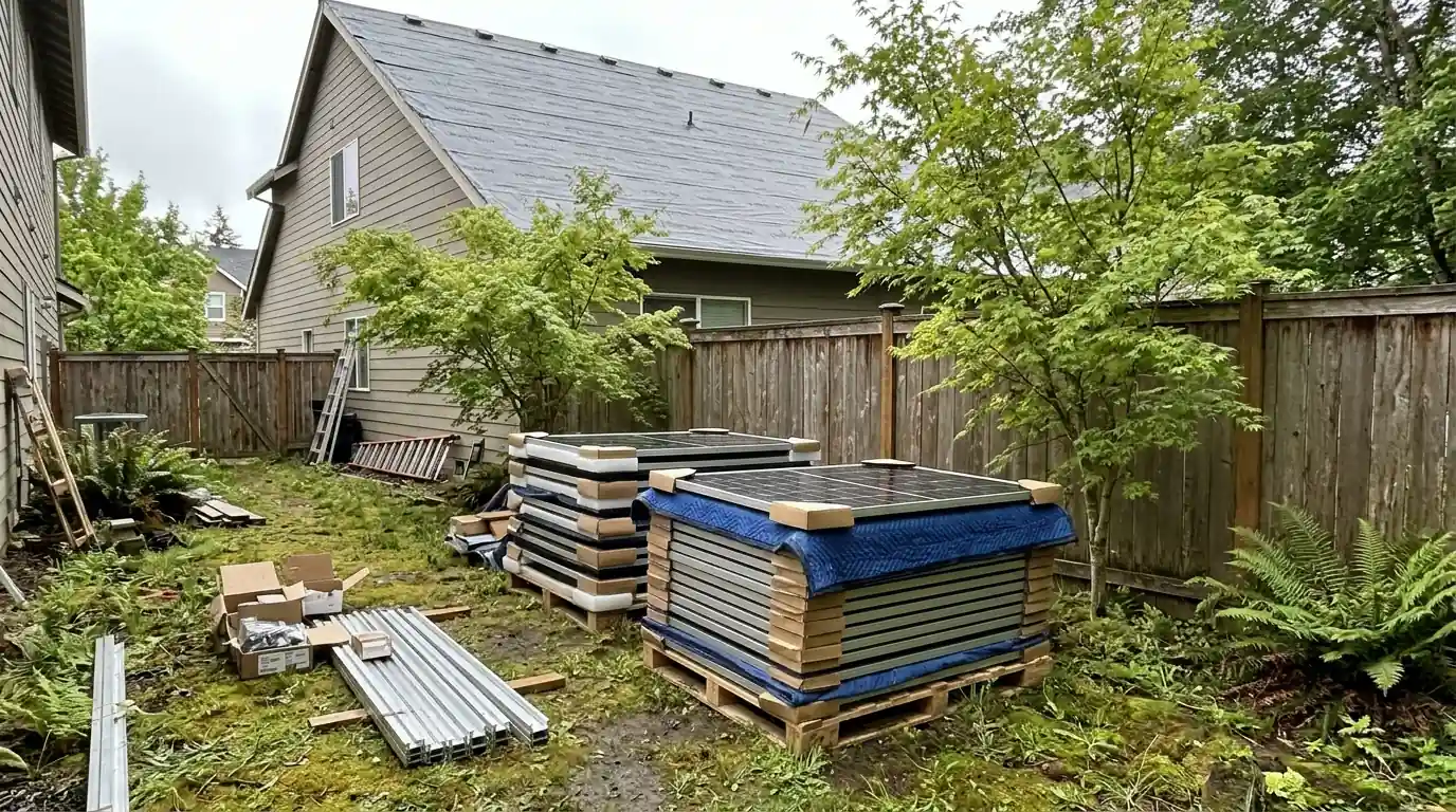 Removed solar panels stored in a side yard while the roof is replaced