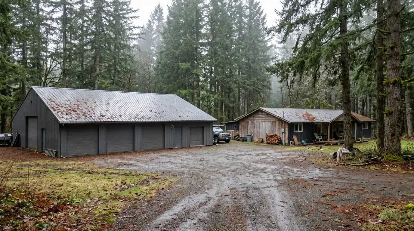 Rural shop and ranch house under tall fir trees on acreage
