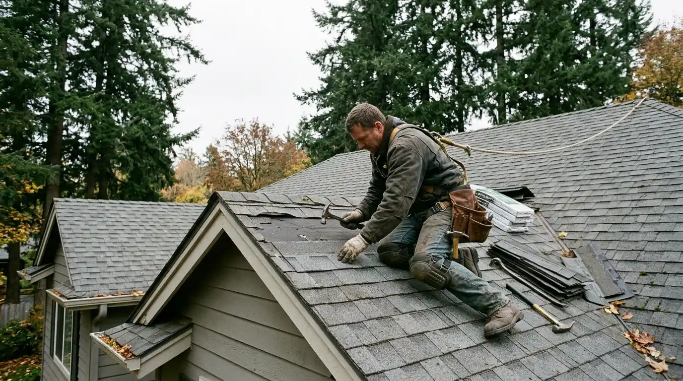 Roofer replacing damaged shingles on a gray composition roof surrounded by fir trees