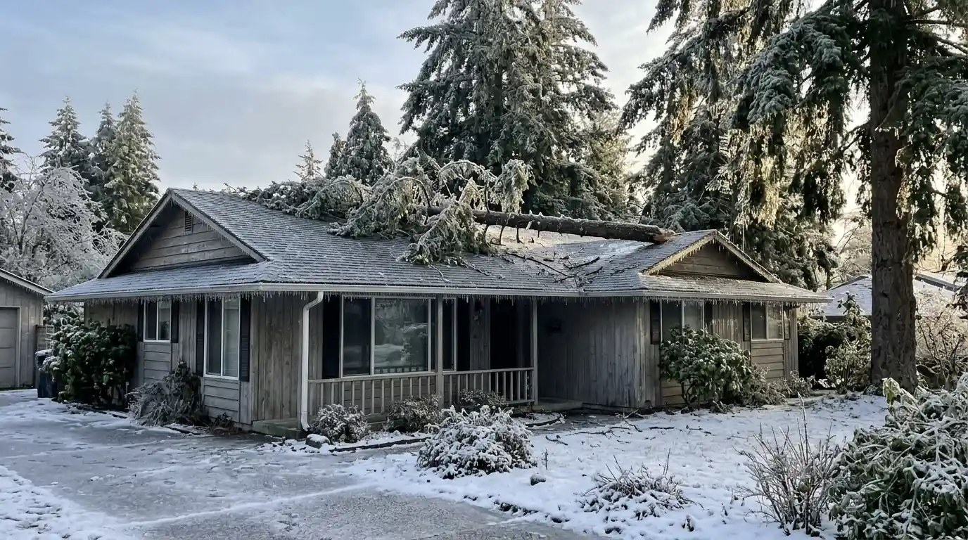 Ice-coated fir limb lying across a ranch house roof after an ice storm