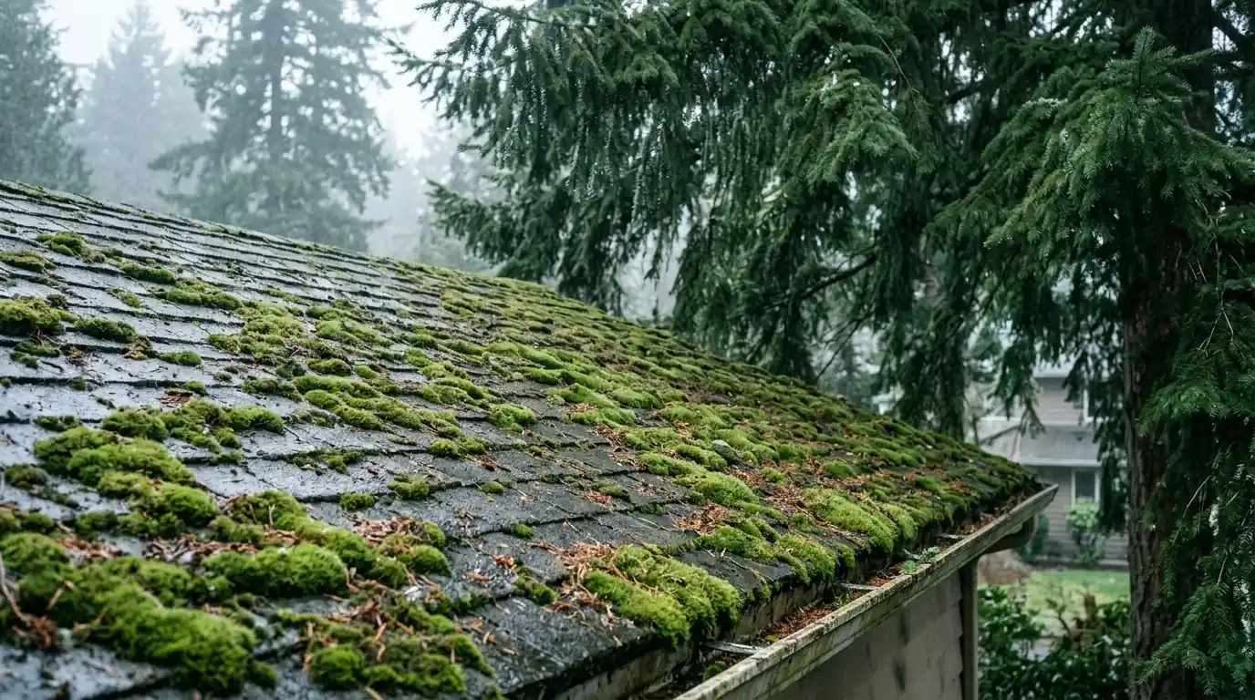 Shaded composite roof covered in thick green moss under Douglas fir branches