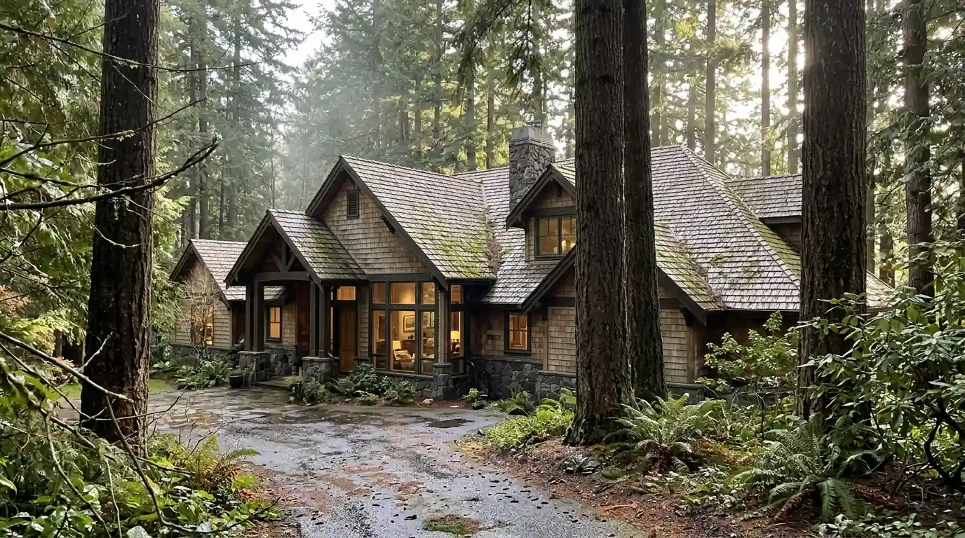 Shaded Lake Oswego home with a mossy cedar shake roof under tall firs