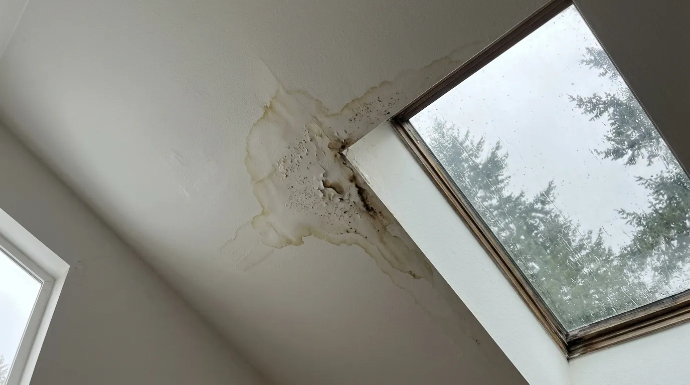 Brown water stain on a ceiling next to a skylight