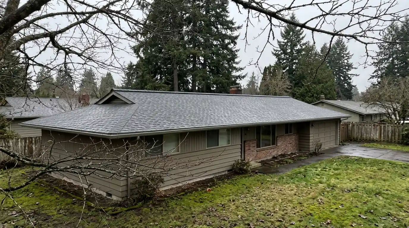 Ranch house roof with a new continuous ridge vent along the peak