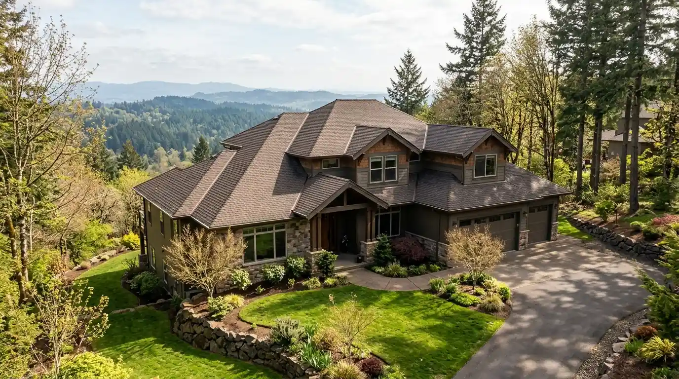 Happy Valley ridge-top home with a multi-level roof and new gutters