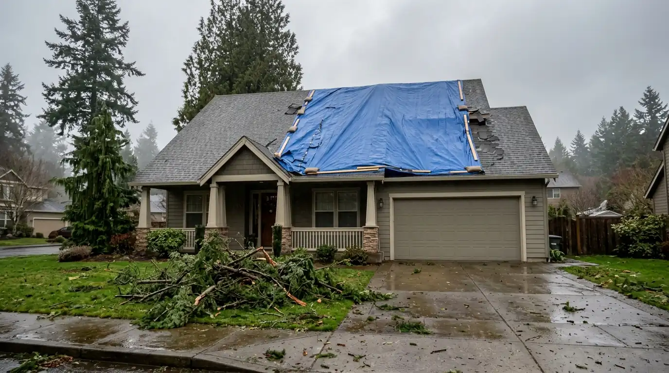 Blue emergency tarp secured over a storm-damaged section of a shingle roof