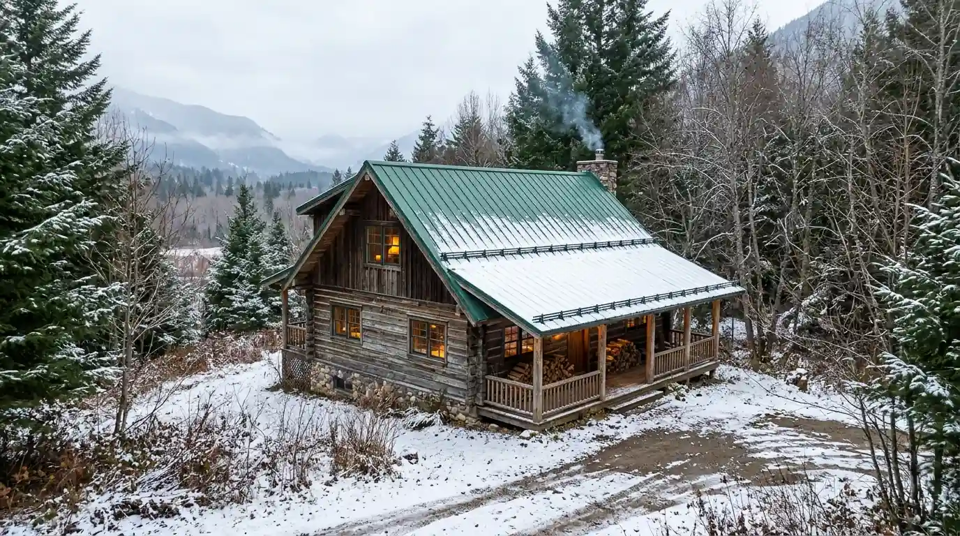 Rural home with a green metal roof in a snowy forested valley