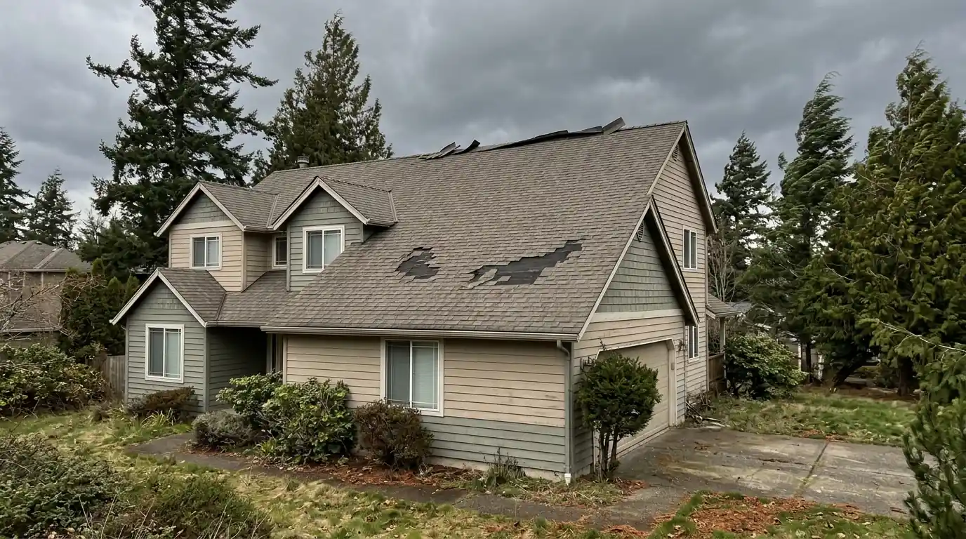 Two-story home with missing shingles and a lifted ridge cap after a windstorm